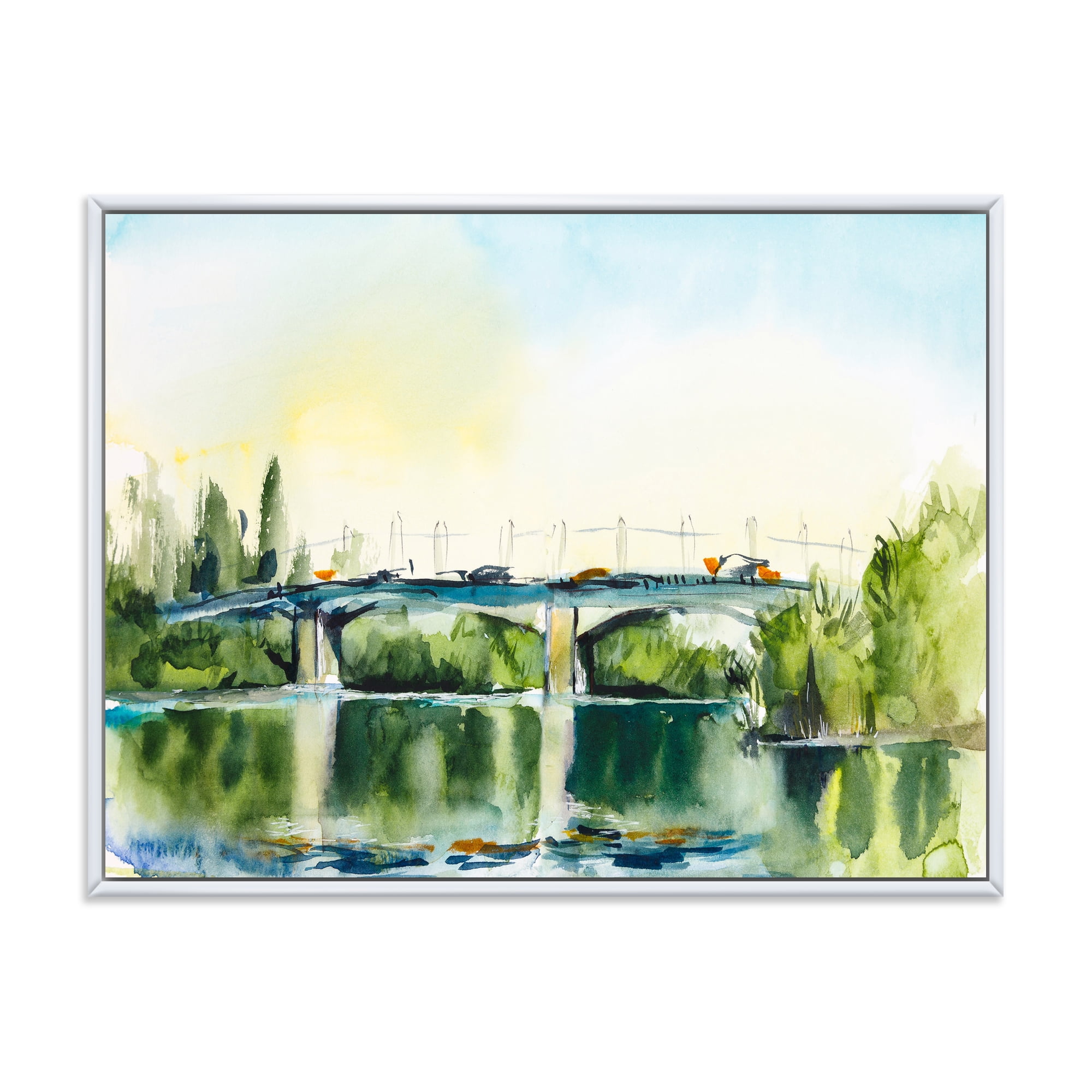 Designart 'Landscape With Old Bridge Over River In The Countryside' Traditional Framed Canvas Wall Art Print