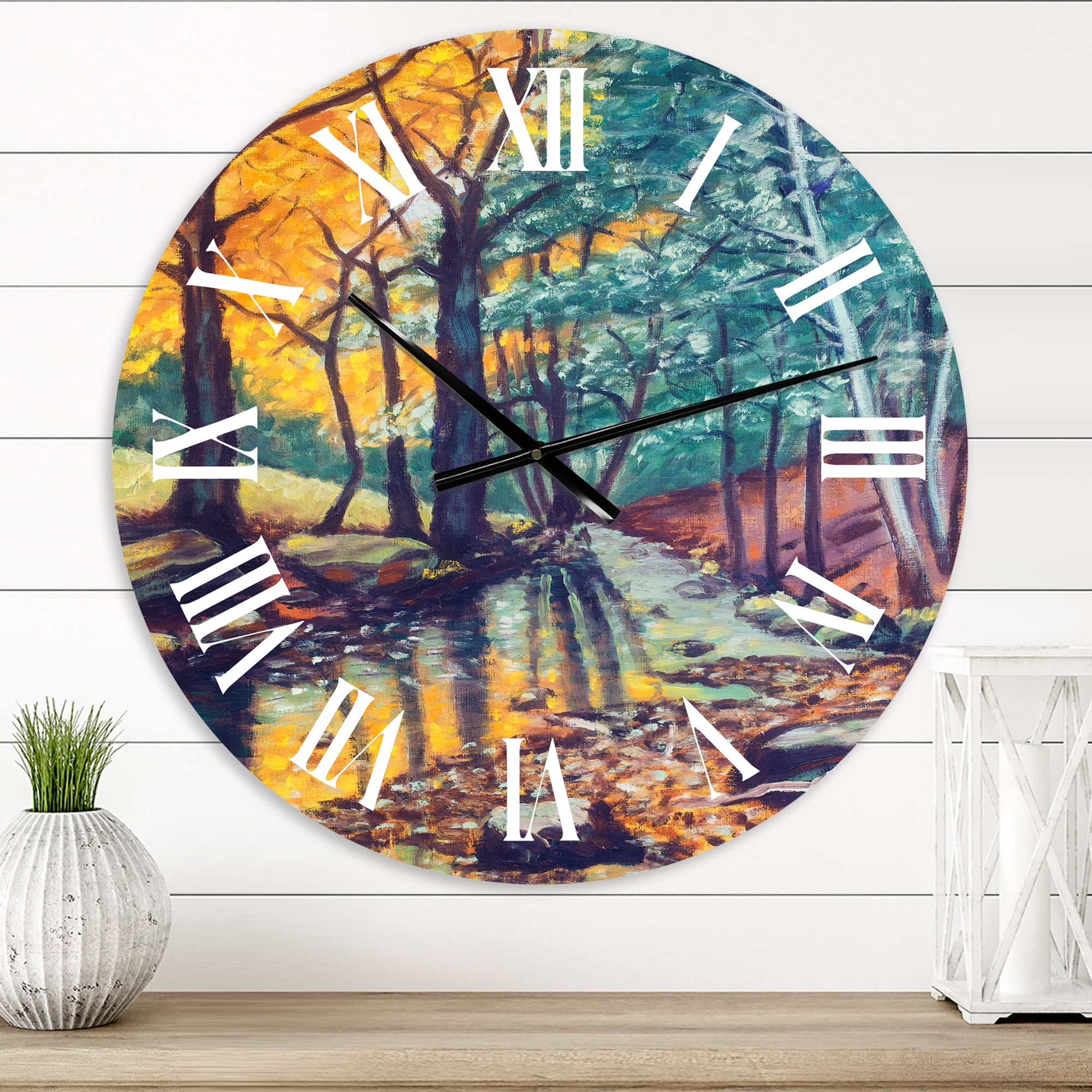Designart 'Landscape With River In Autumn Forest Sunset' Traditional Wall Clock