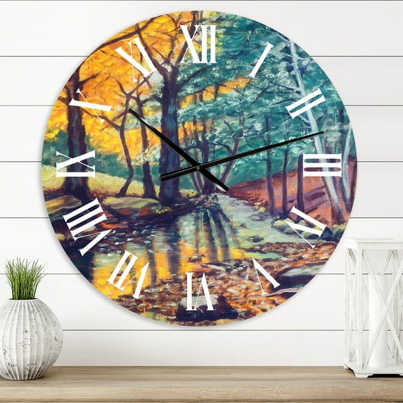 Designart 'Landscape With River In Autumn Forest Sunset' Traditional Wall Clock