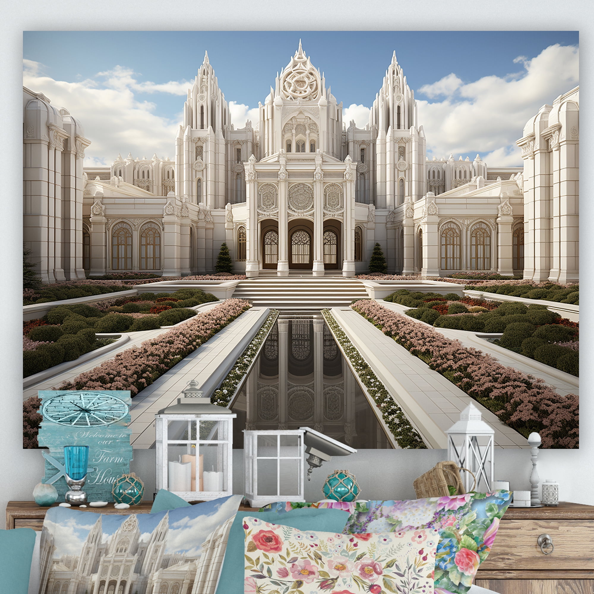 White and Gray Renaissance Cathedral Landscape Canvas Art