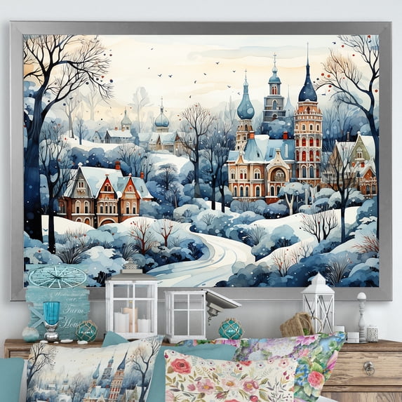 Designart "Landscape of a Russian City in Winter III" Landscapes Framed Wall Art Decor - Traditional White Winter Landscape Entryway Framed Wall Art