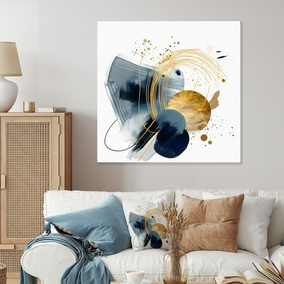 Designart "Landscape with Dark Blue and Gold Strokes III" Modern Geometric Metal Wall Art Prints