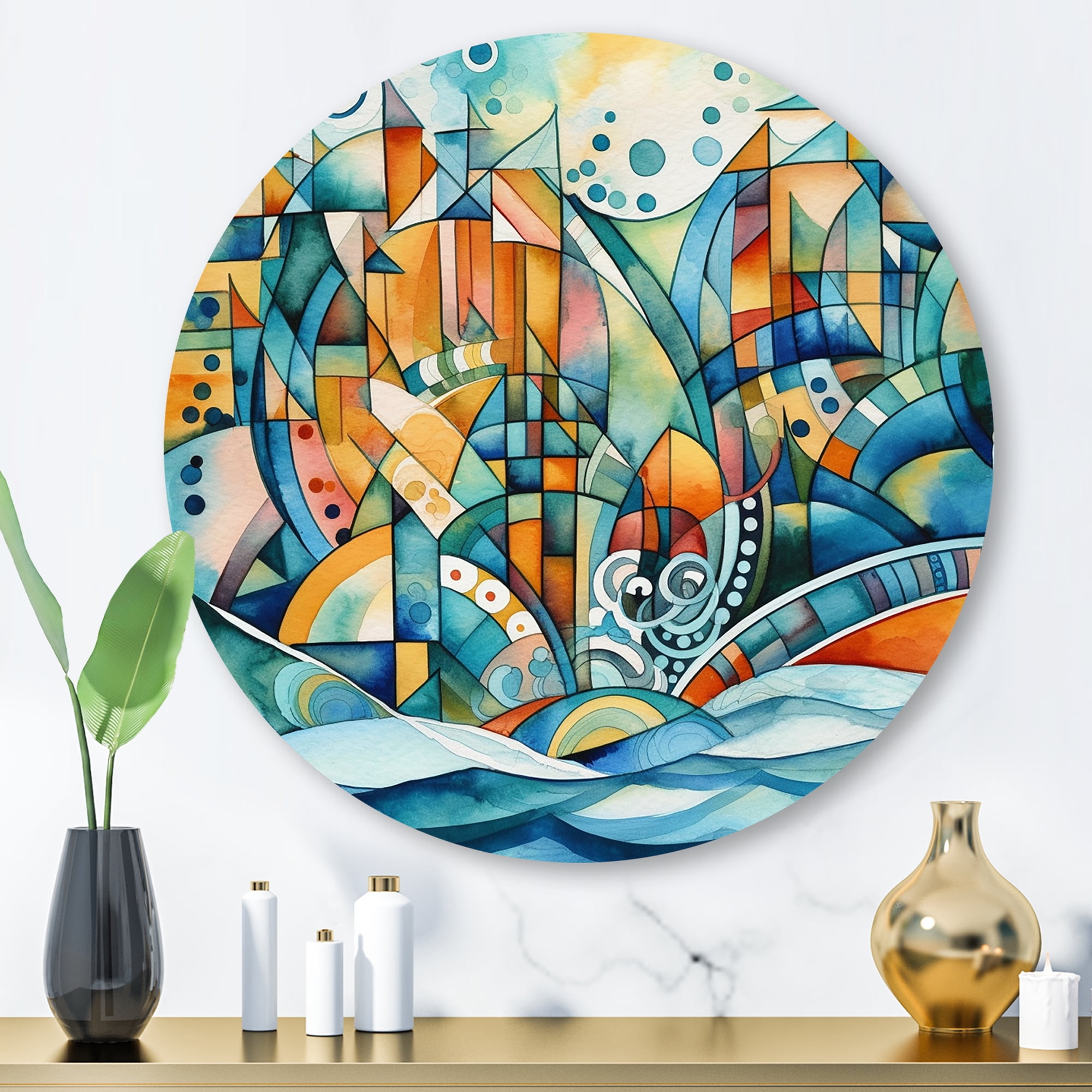 Designart "Language of Lines Blue and Orange II" Modern Geometric Metal