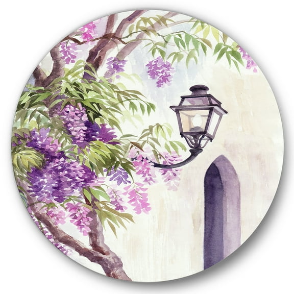 Designart 'Lantern and Wisteria' Traditional Circle Metal Wall Art 36x36 - Disc of 36