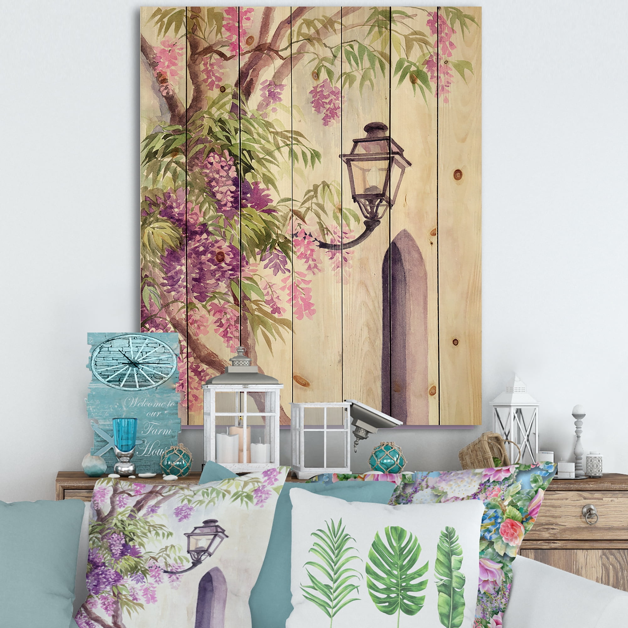 Designart 'Lantern and Wisteria' Traditional Print on Natural Pine Wood
