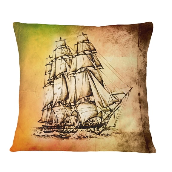 Designart Large Ancient Moving Boat - Seashore Wall Throw Pillow - 18x18