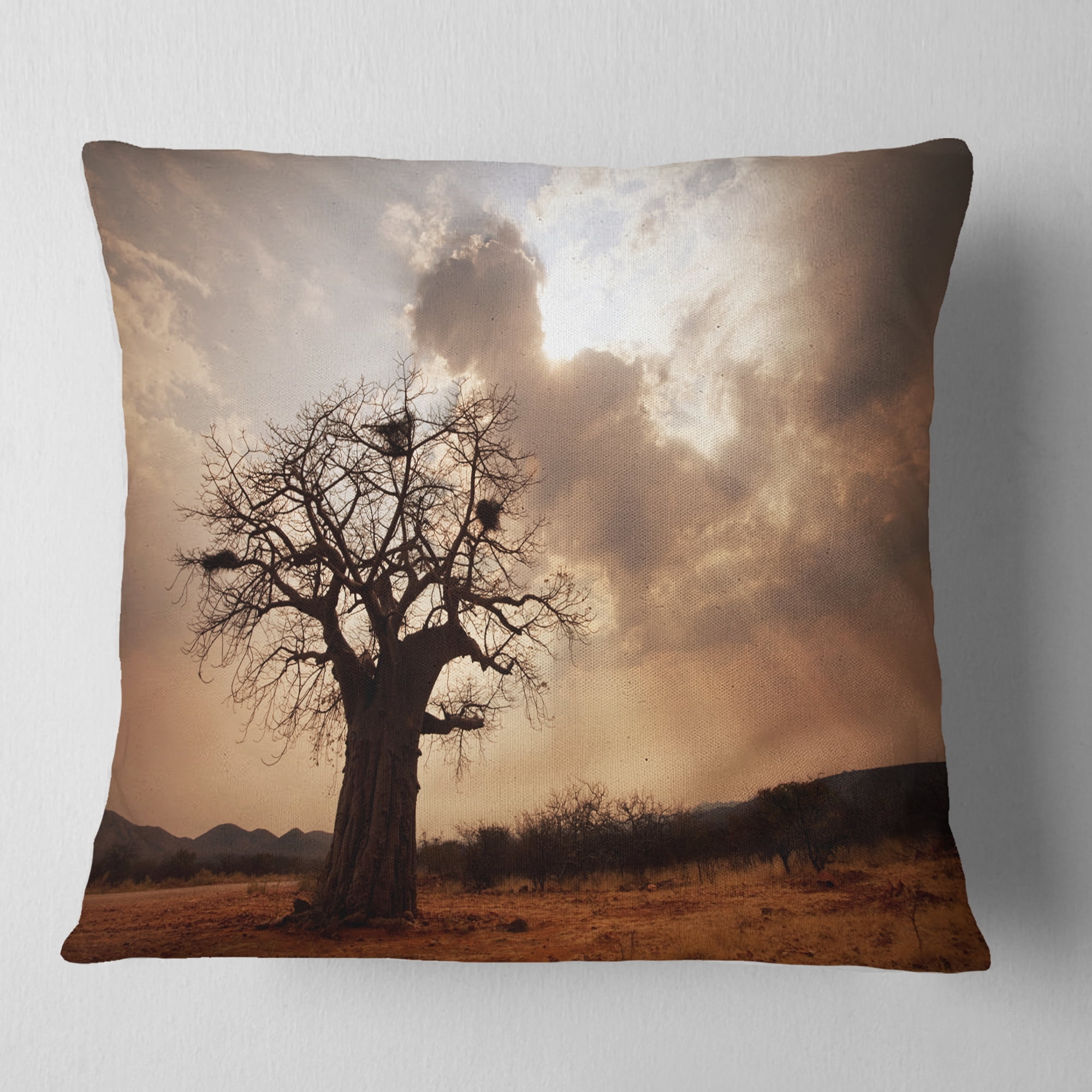 Designart Large Baobab Tree under Clouds - Modern Landscape Printed Throw Pillow - 16x16