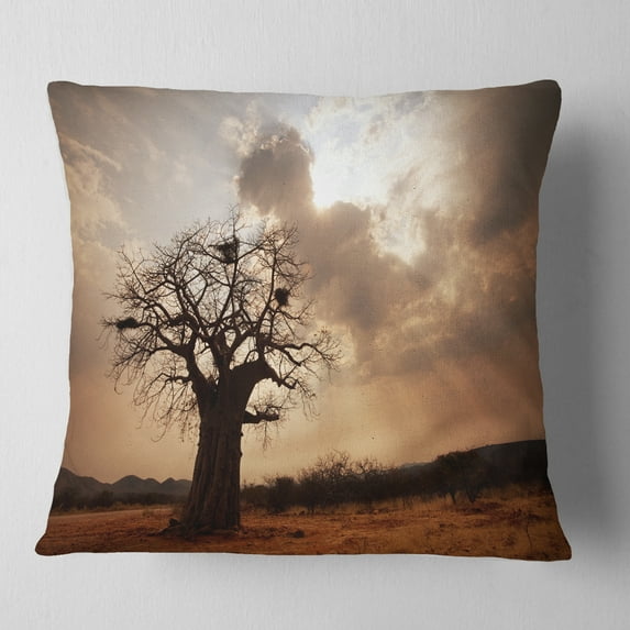 Designart Large Baobab Tree under Clouds - Modern Landscape Printed Throw Pillow - 18x18