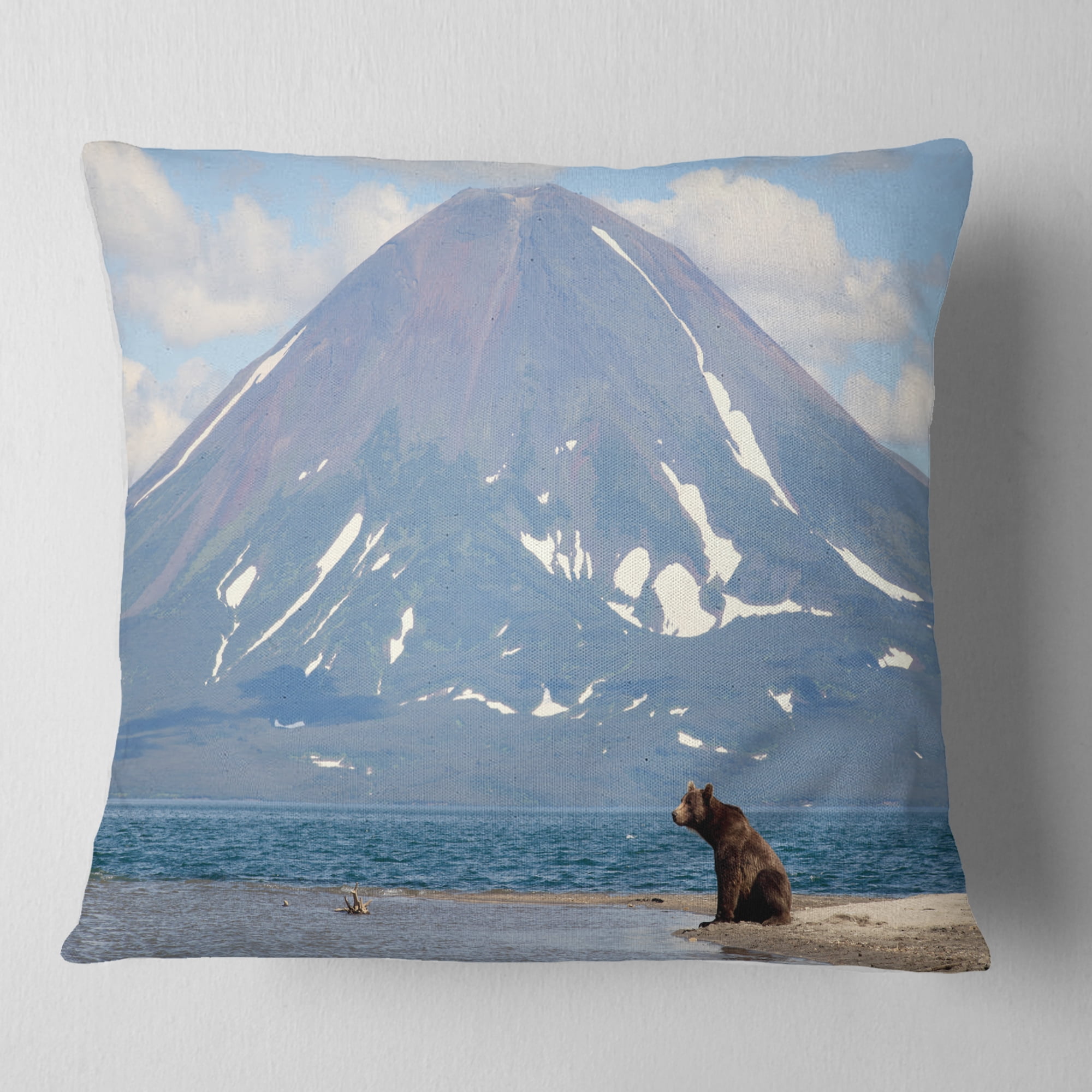 Designart Large Bear in Front of Volcano - Landscape Printed Throw Pillow - 16x16