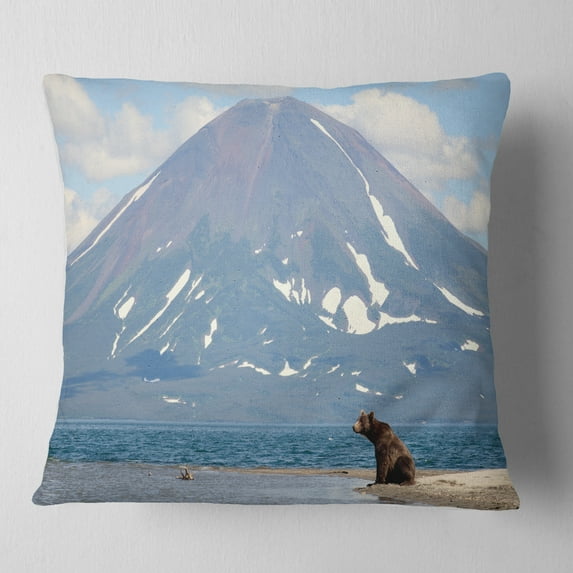 Designart Large Bear in Front of Volcano - Landscape Printed Throw Pillow - 18x18