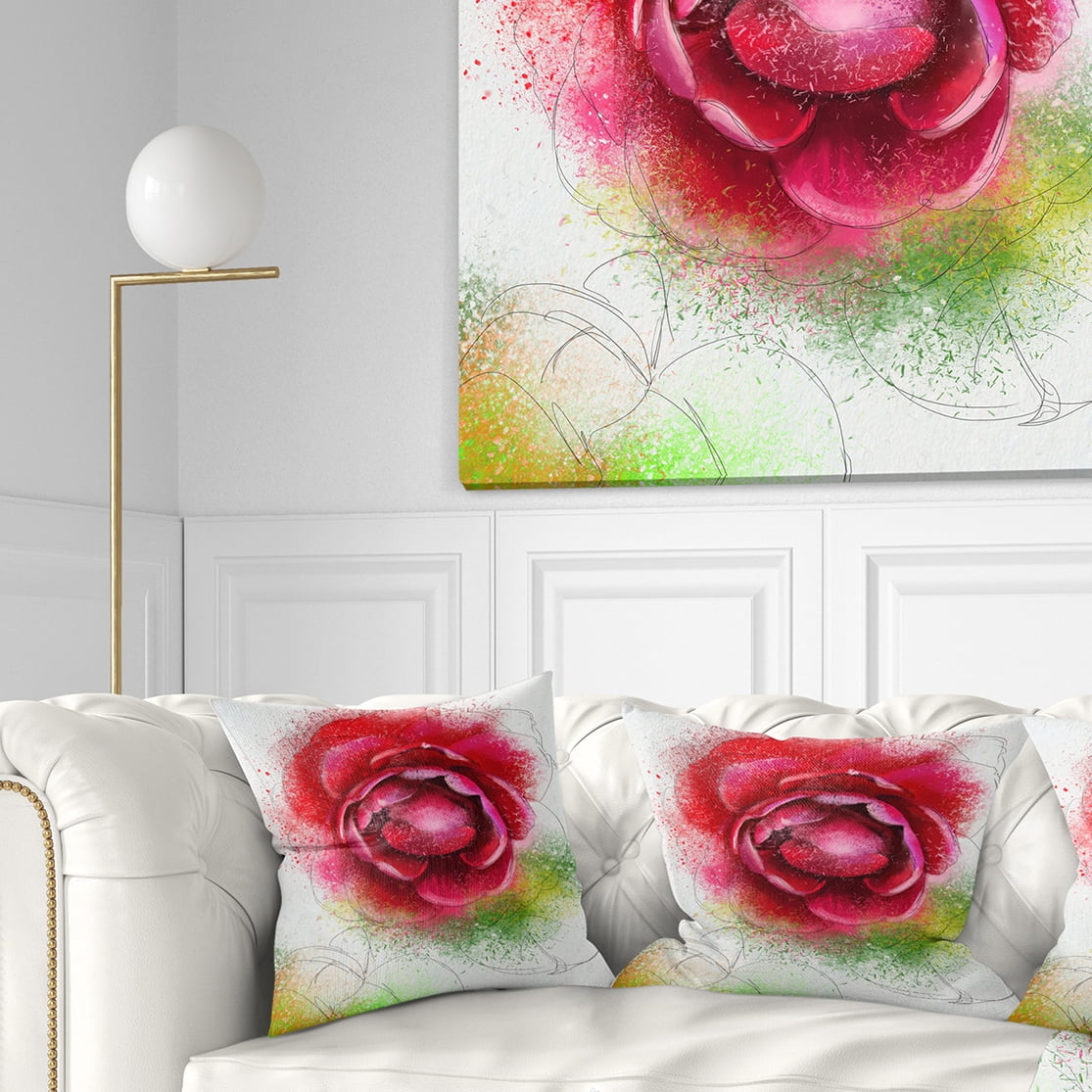 Designart Large Blooming Red Rose on White - Flowers Throw Pillowwork - 16x16