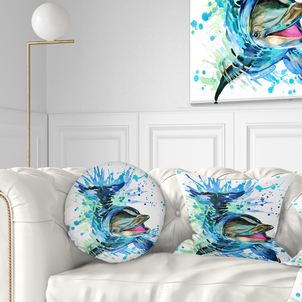 Designart Large Blue Dolphin Watercolor - Contemporary Animal Throw Pillow - 12x20