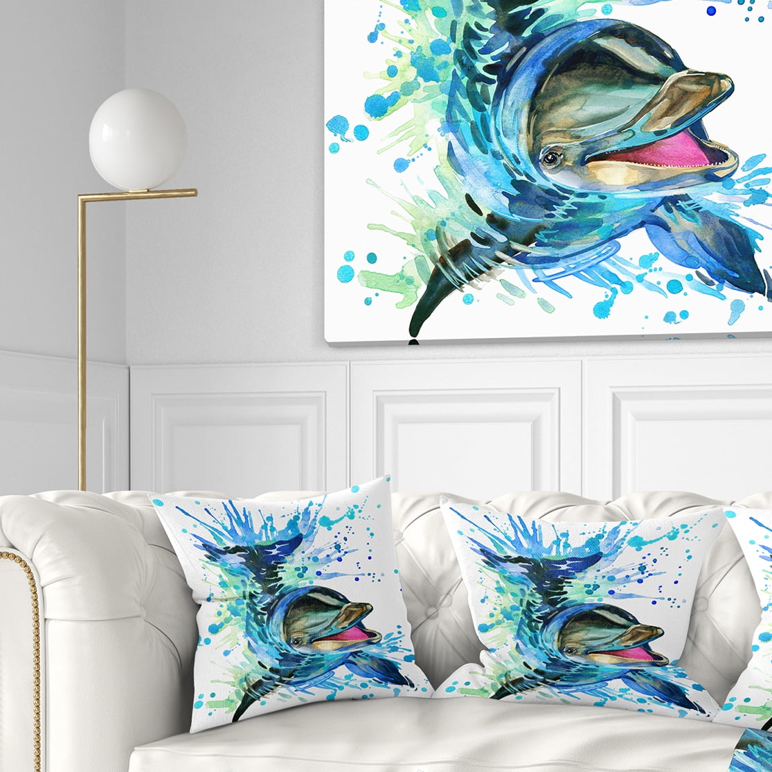 Designart Large Blue Dolphin Watercolor - Contemporary Animal Throw Pillow - 16x16