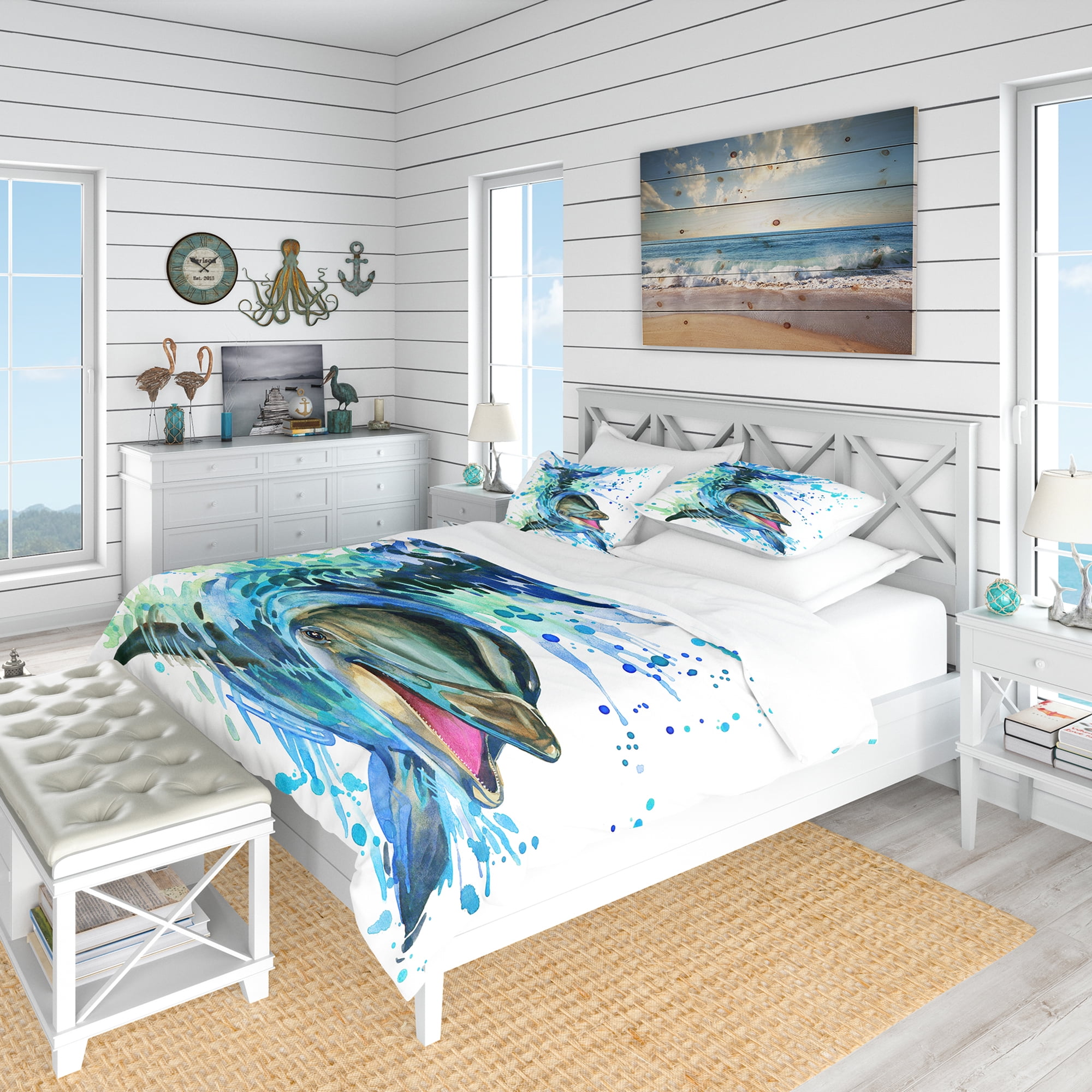 Designart 'Large Blue Dolphin Watercolor' Nautical & Coastal Duvet Cover Set