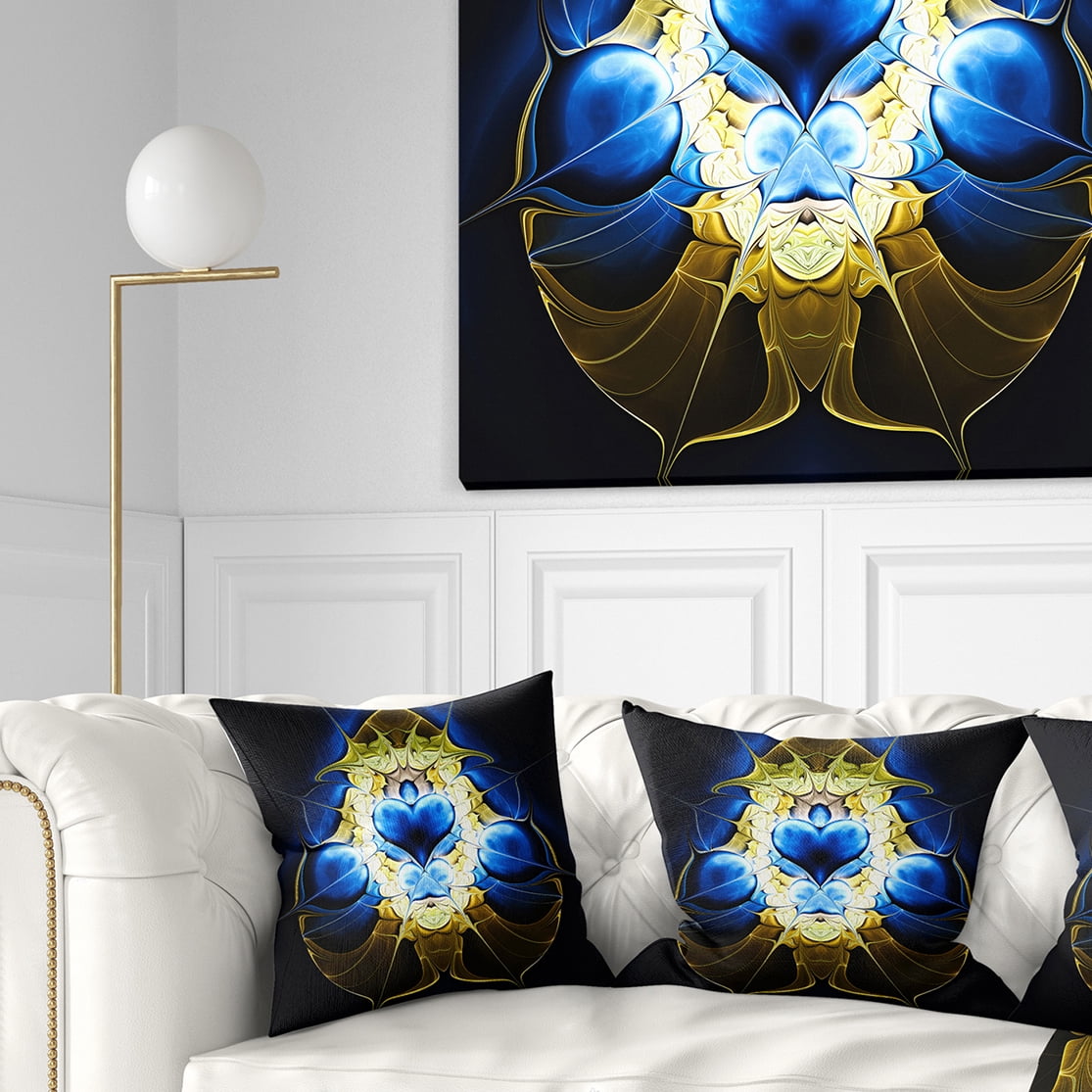 Designart Large Blue Gold Symmetrical Fractal Heart - Abstract Throw Pillow - 18x18