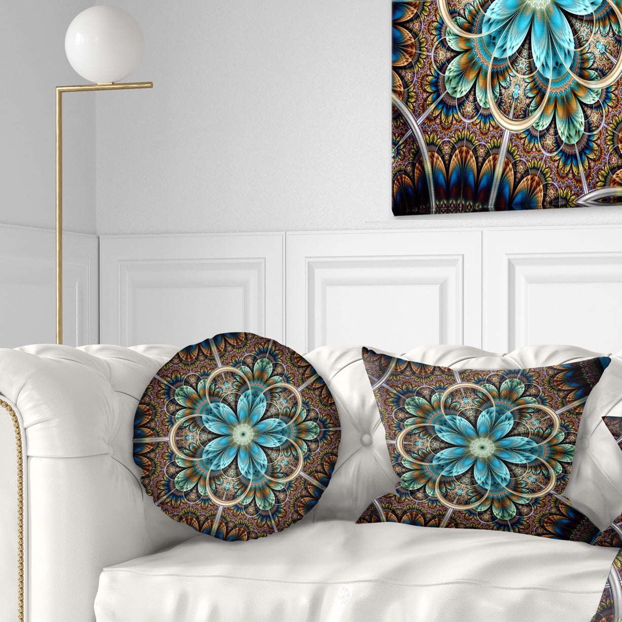 Designart Large Brown Blue Fractal Flower - Floral Throw Pillow - 12x20