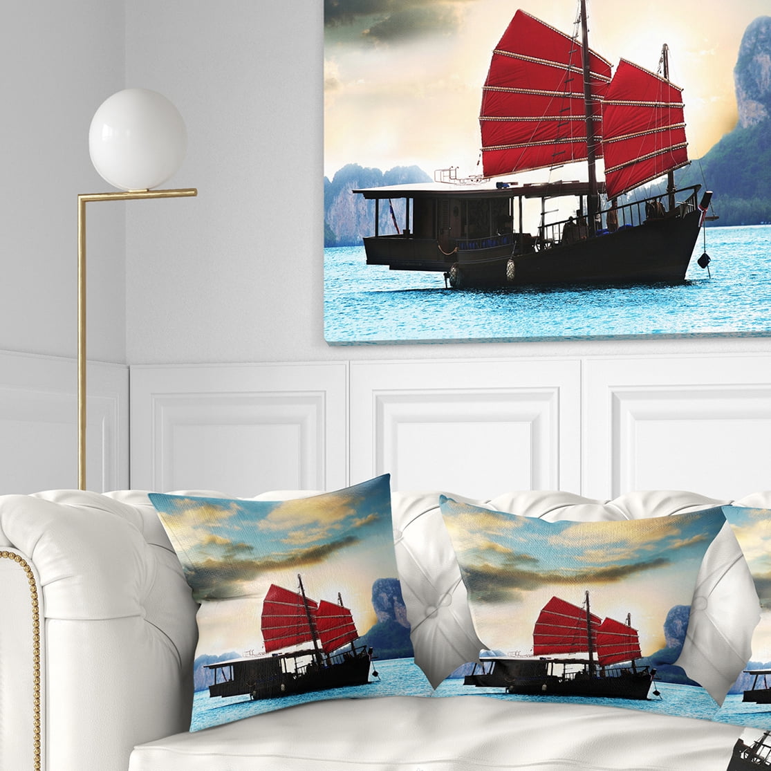 Designart Large Chinese Sailing Ship - Seashore Throw Pillow - 18x18