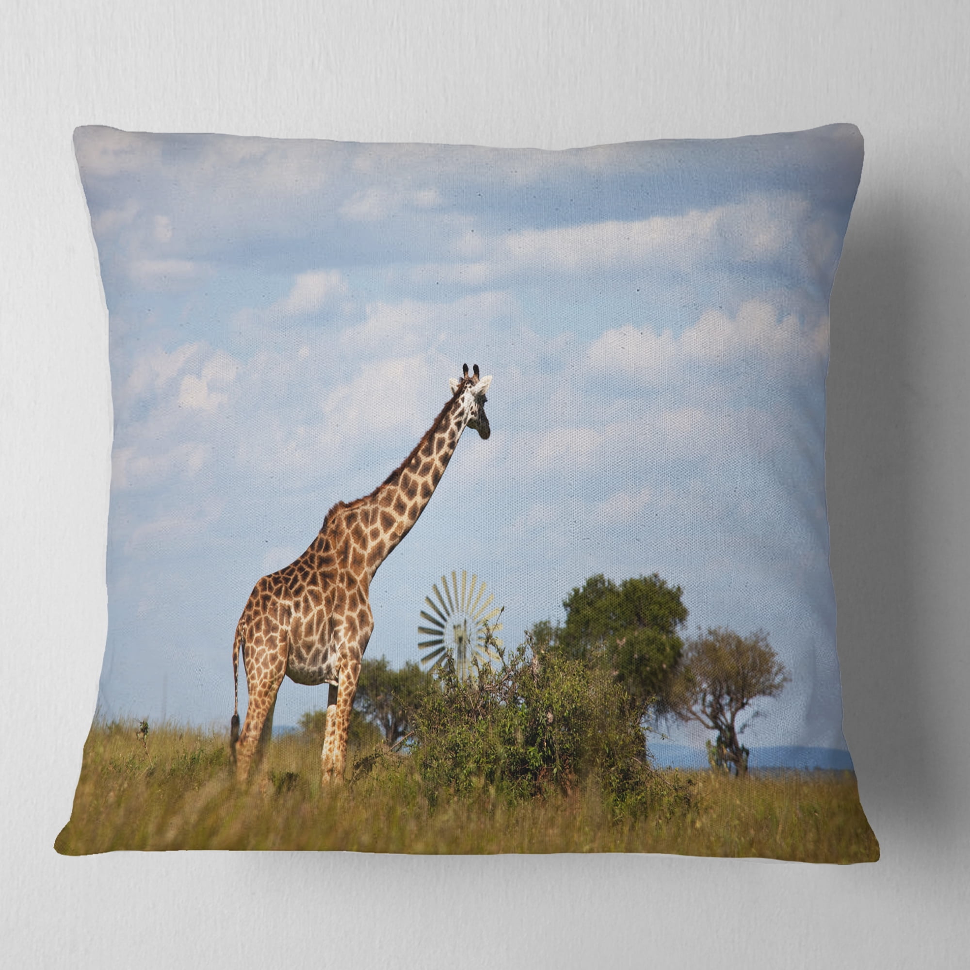 Designart Large Giraffe in Savannah - Landscape Printed Throw Pillow - 18x18