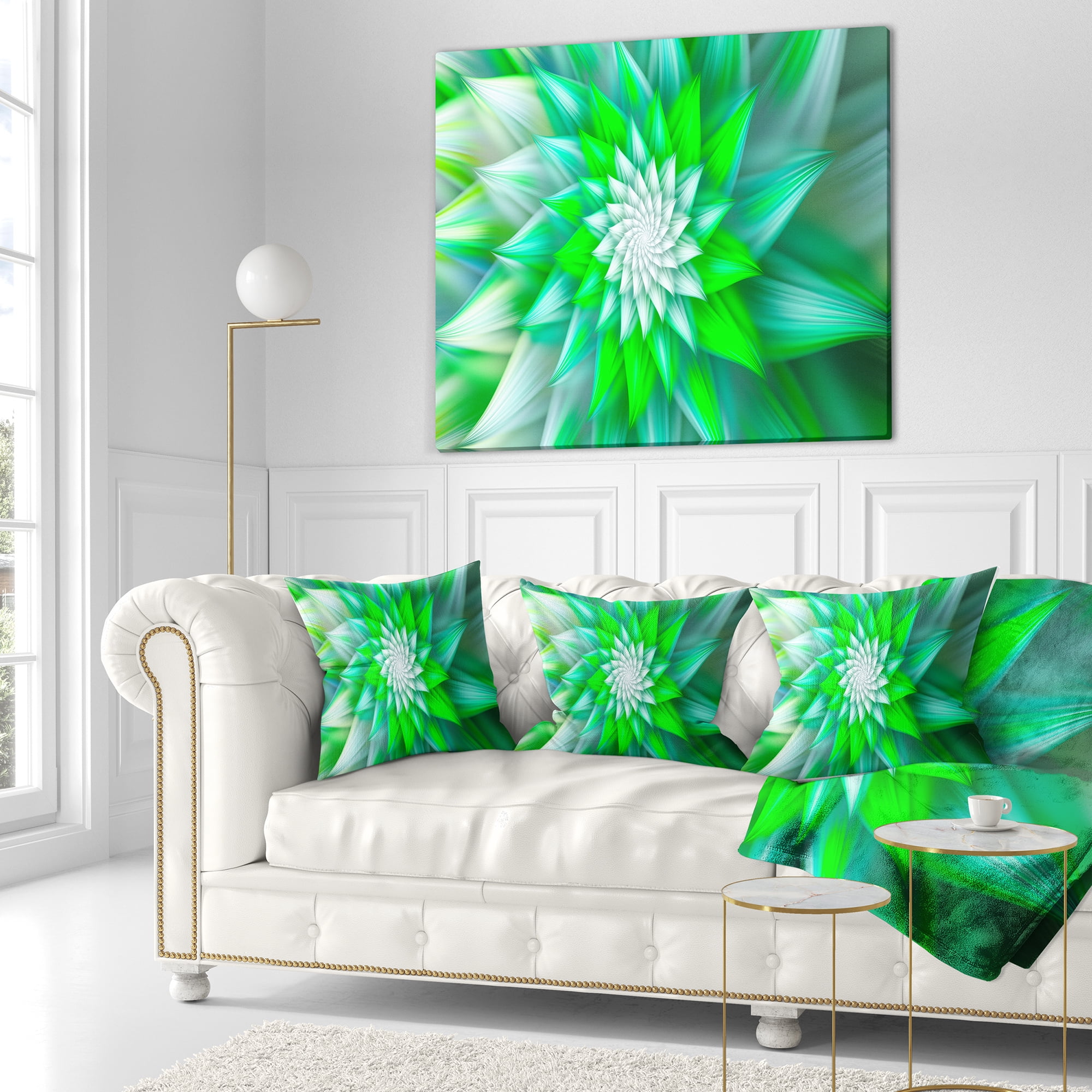 Designart Large Green Alien Fractal Flower - Floral Throw Pillow - 18x18