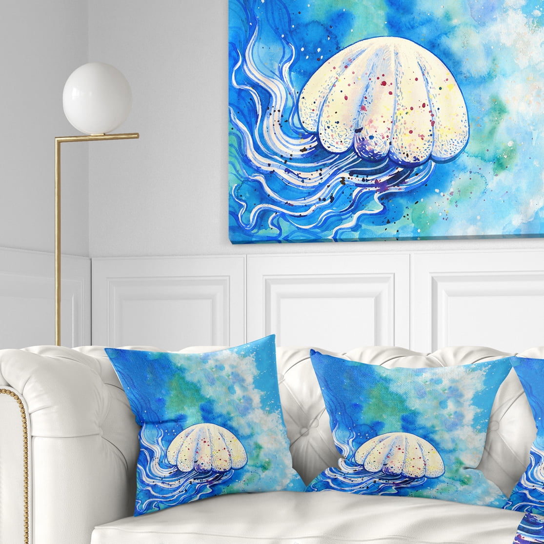 Designart Large Jellyfish Watercolor - Abstract Throw Pillow - 16x16