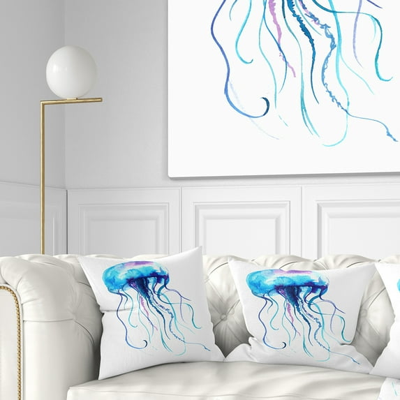Designart Large Light Blue Jellyfish - Animal Throw Pillow - 18x18