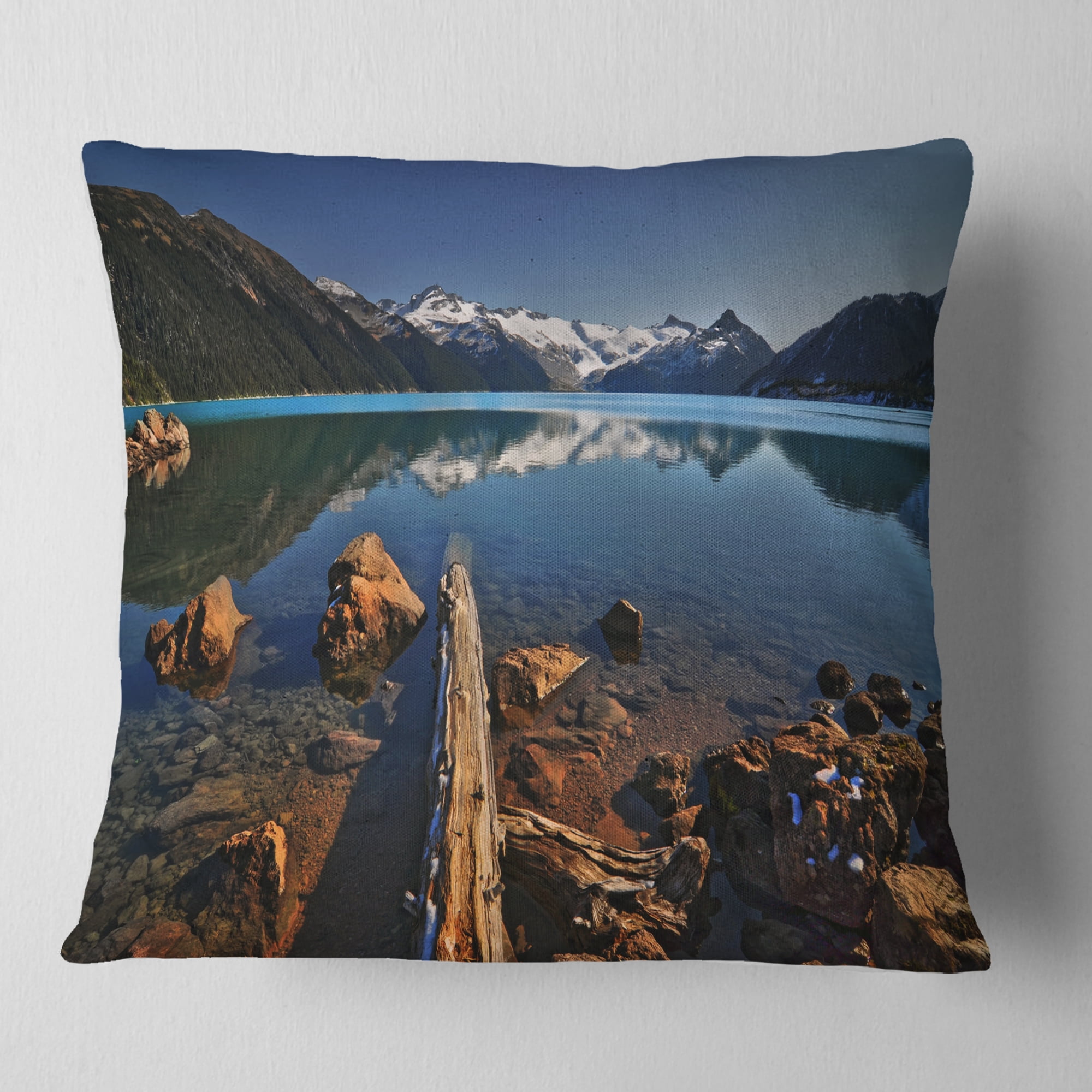 Designart Large Logs in Mountain Lake - Landscape Printed Throw Pillow - 18x18