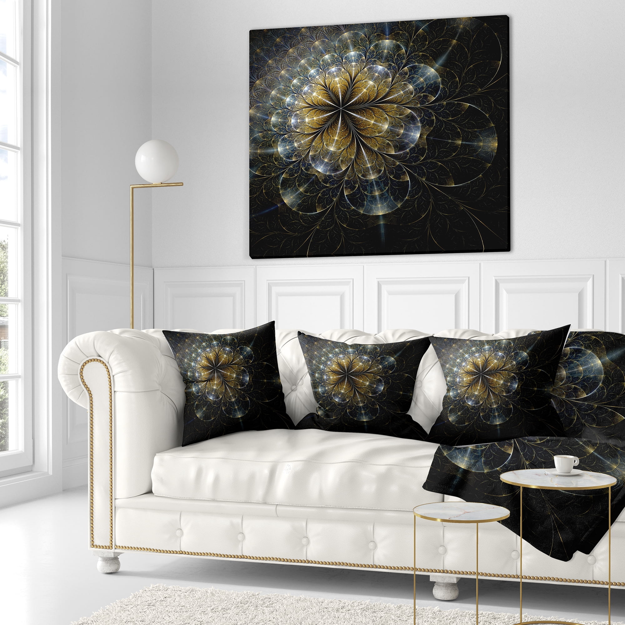 Designart Large Mystic Golden Fractal Flower - Floral Throw Pillow - 18x18