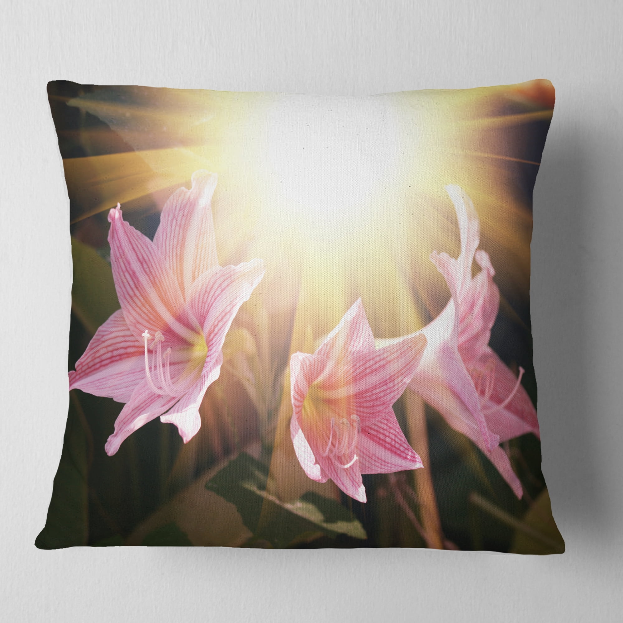 Designart Large Pink Flowers with Sunlight - Flower Throw Pillow - 16x16