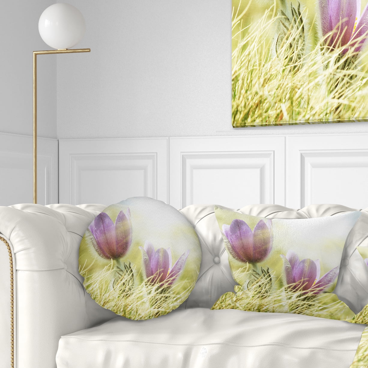 Designart Large Purple Flowers in Green Grass - Floral Throw Pillow - 12x20