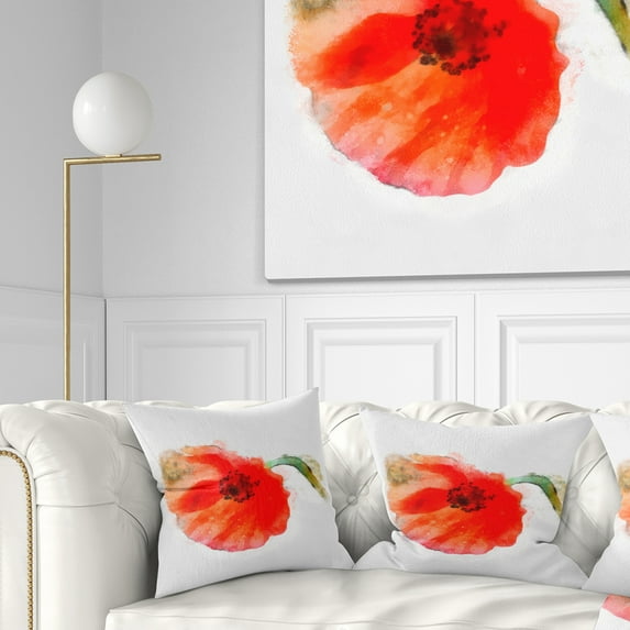 Designart Large Red Poppy on White Back - Flower Throw Pillow - 18x18