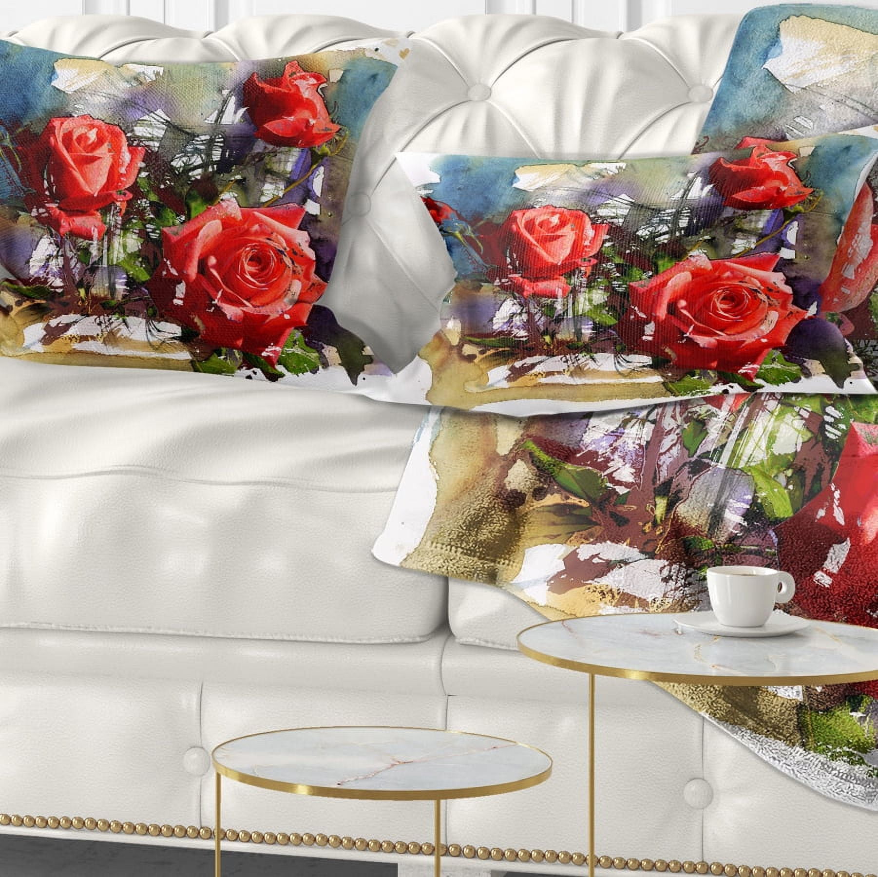 Designart Large Red Roses Composition - Floral Throw Pillow - 12x20