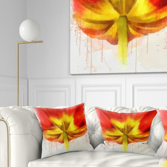 Designart Large Red Yellow Flower Watercolor - Floral Throw Pillow - 16x16