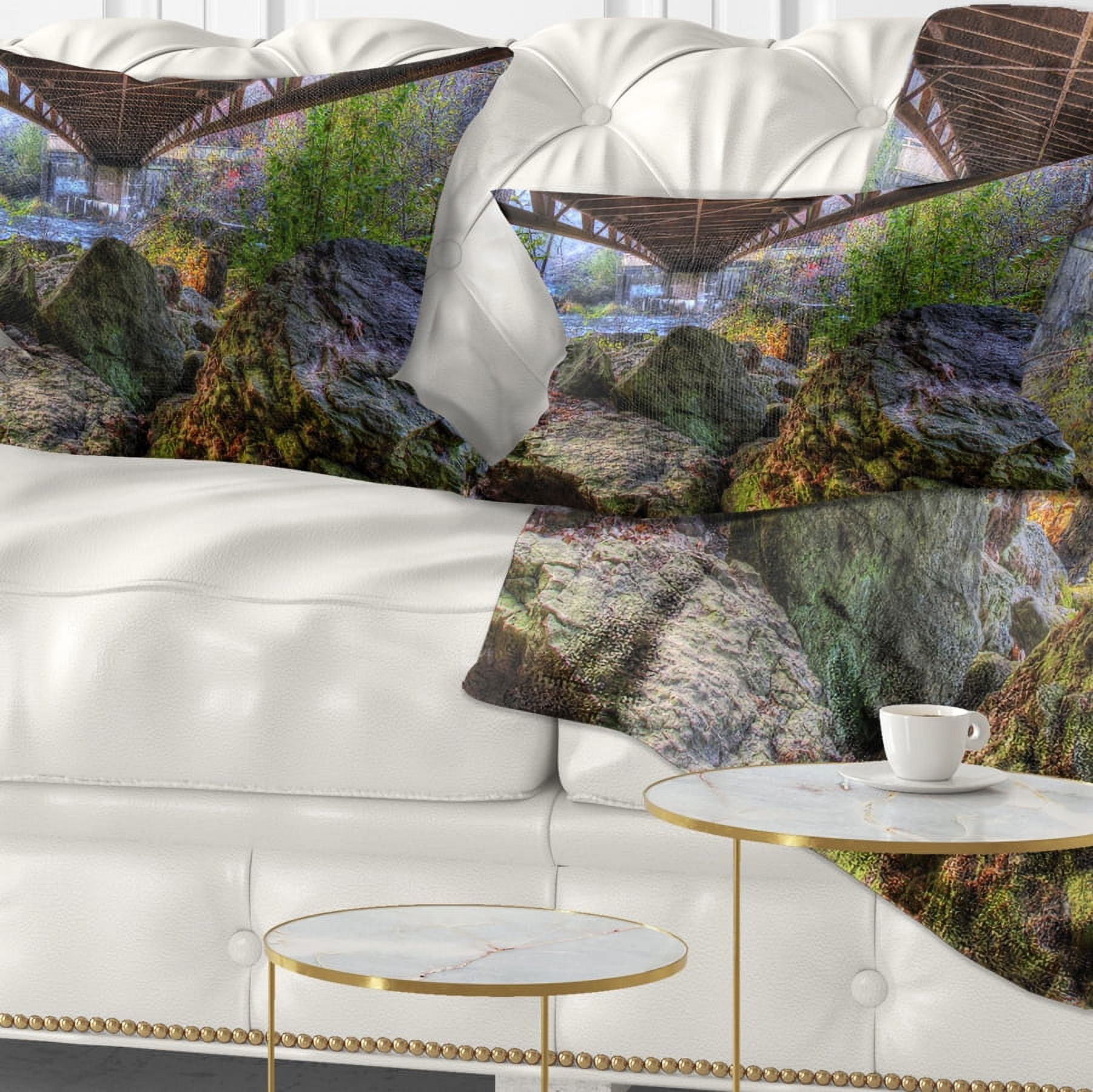 Designart Large Rocks Under Bridge in Creek - Landscape Photography Throw Pillow - 12x20
