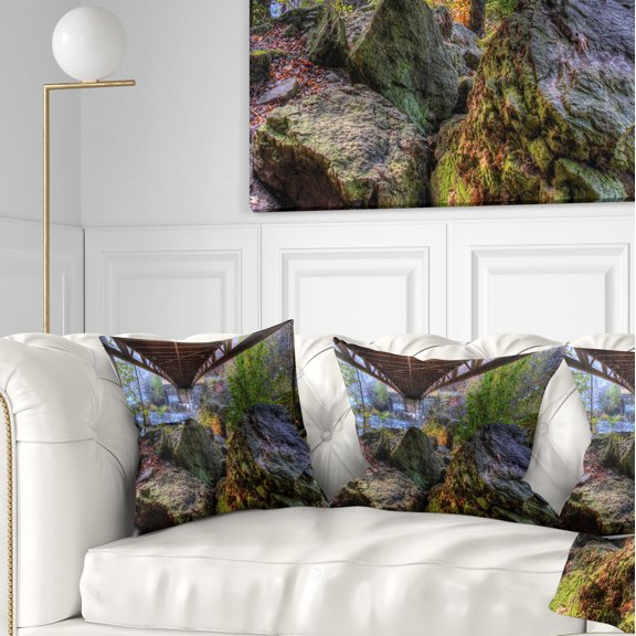 Designart Large Rocks Under Bridge in Creek - Landscape Photography Throw Pillow - 16x16