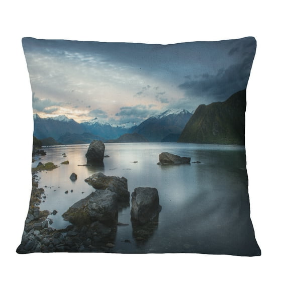 Designart Large Rocks and Distant Cloudy Mountains - Landscape Printed Throw Pillow - 16x16