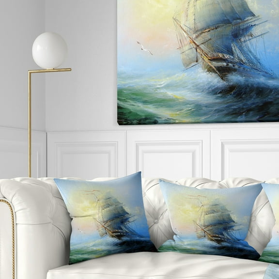 Designart Large Sailing Boat - Seascape Throw Pillow - 16x16