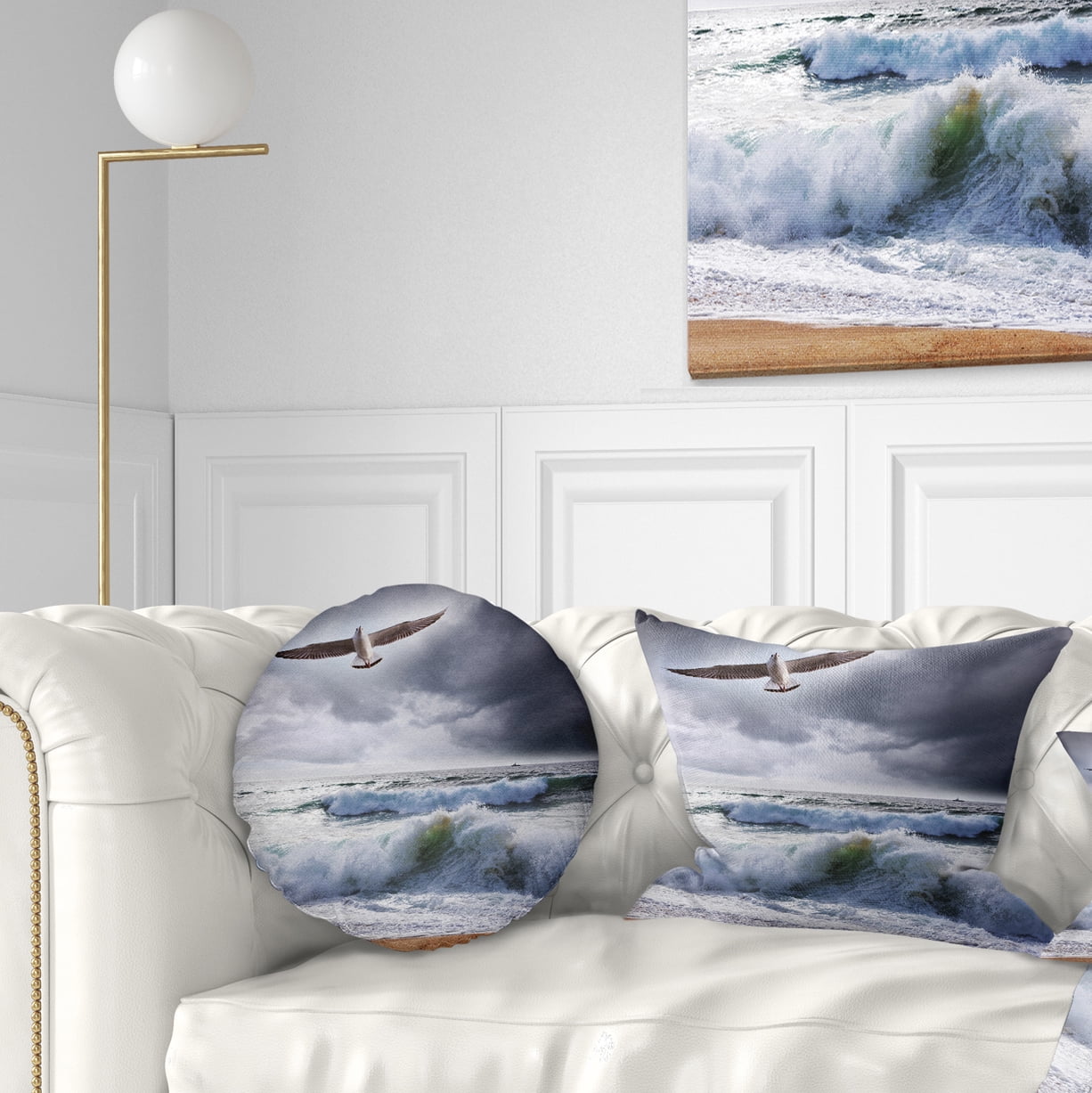 Designart Large Seagull over Stormy Waves - Modern Beach Throw Pillow - 12x20