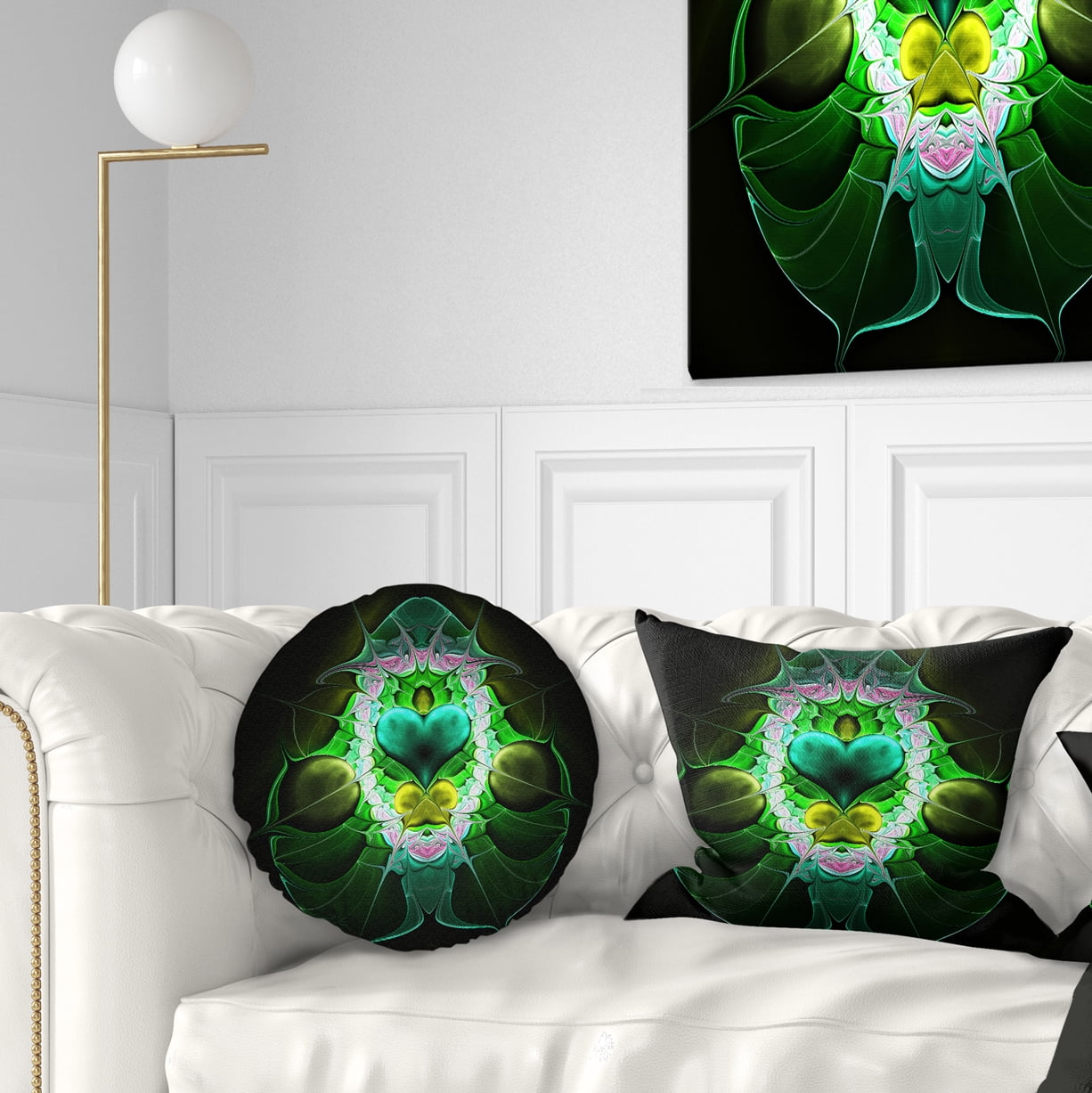 Designart Large Symmetrical Fractal Heart Green - Abstract Throw Pillow - 12x20