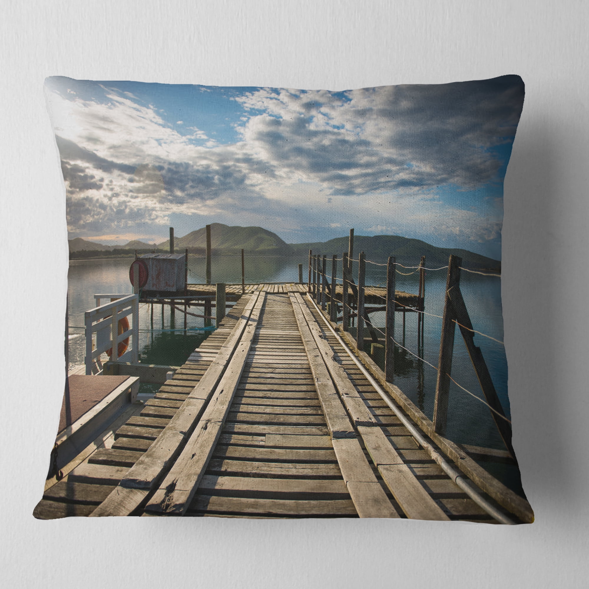Designart Large Wooden Bridge in New Zealand - Sea Bridge Throw Pillow - 18x18
