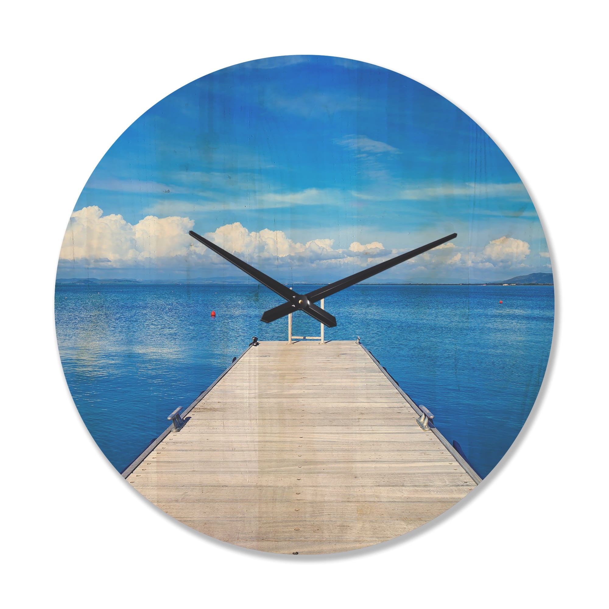 Designart 'Large Wooden Pier Over Blue Lake' Modern Wood Wall Clock