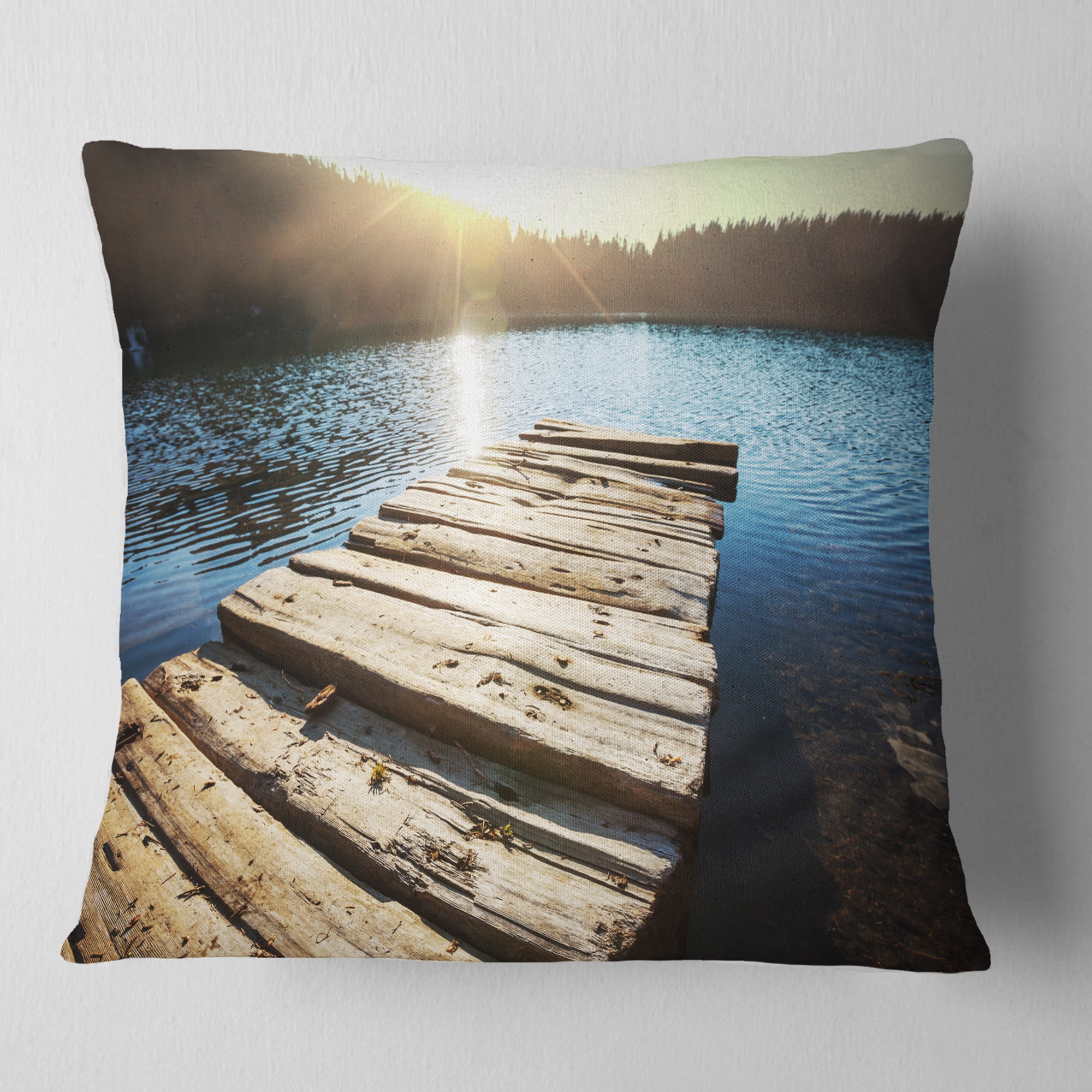 Designart Large Wooden Pier into the Lake - Seashore Throw Pillow - 16x16