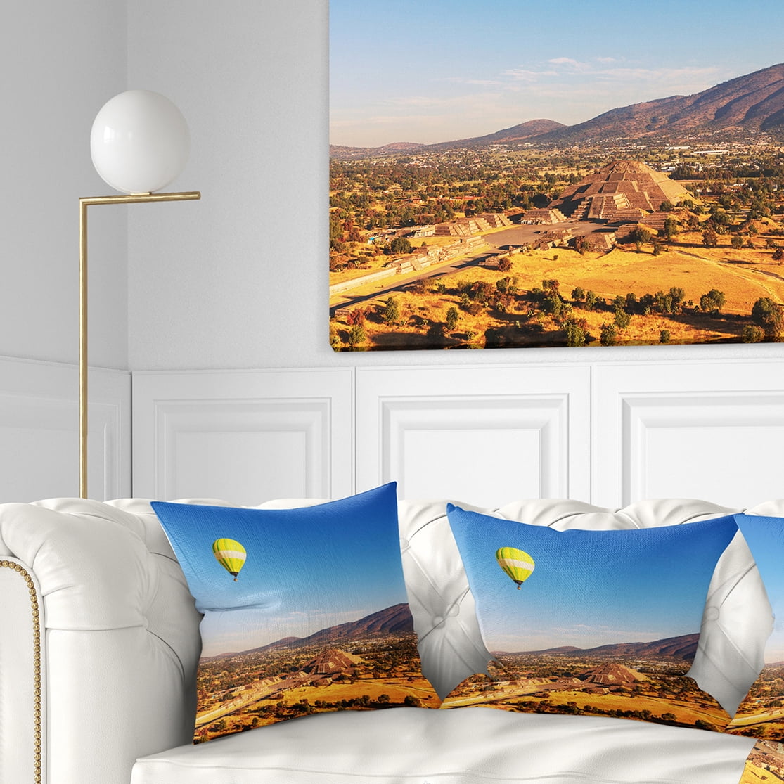 Designart Large Yellow Balloon over Mountains - Landscape Printed Throw Pillow - 18x18