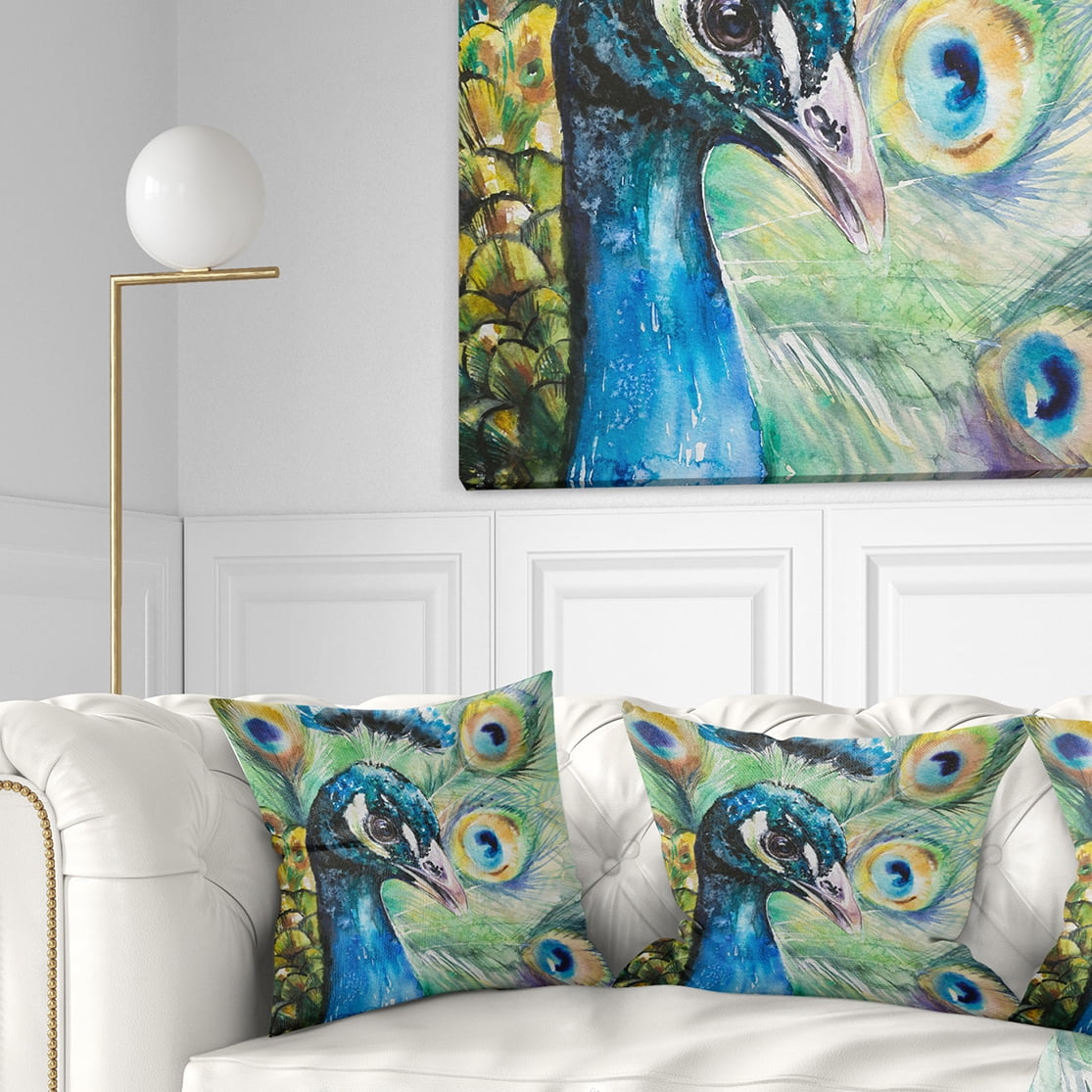 Designart Larger Peacock Watercolor - Abstract Throw Pillow - 18x18