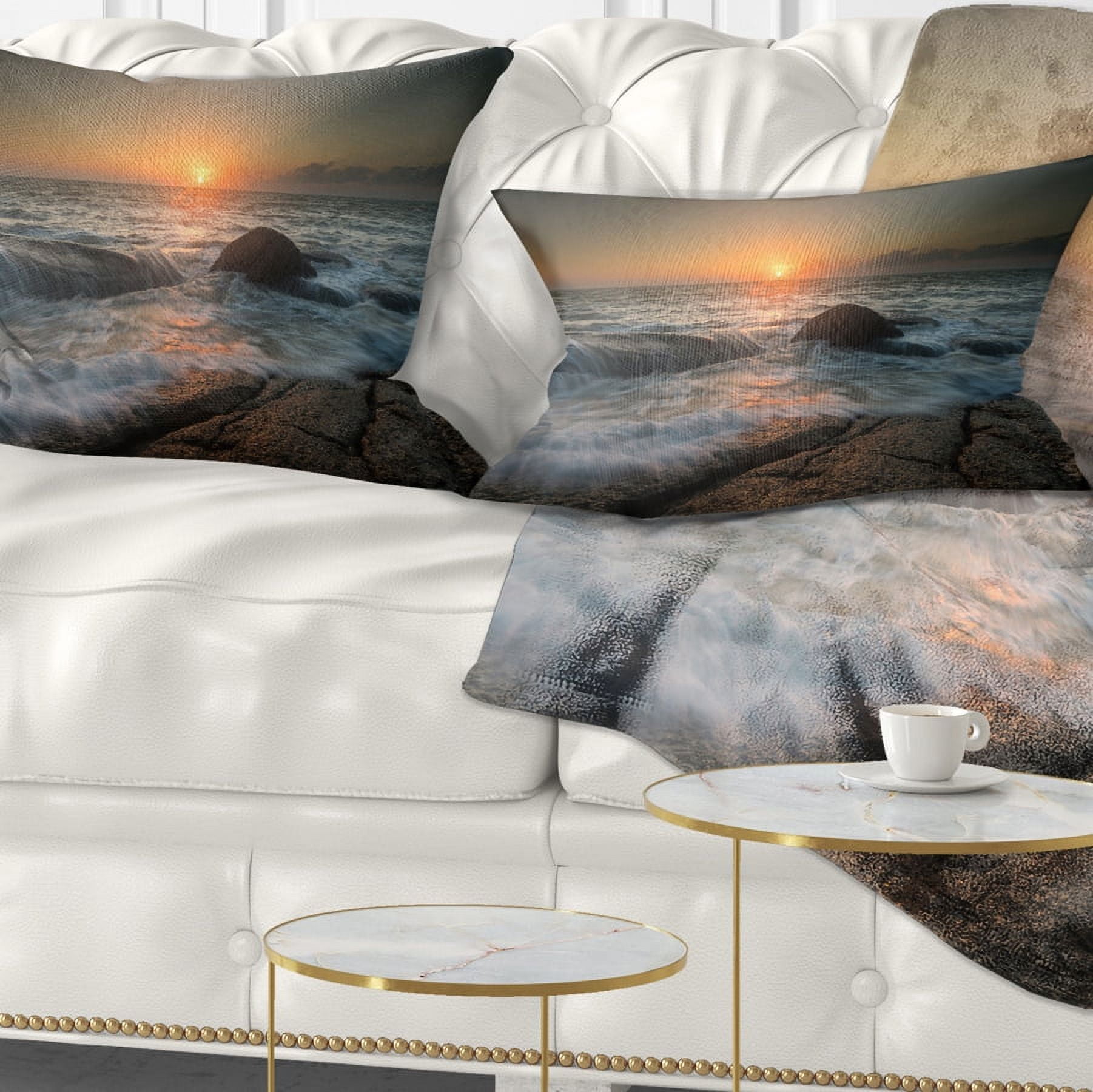 Designart Lashing Sea Waves At Sunset - Beach Photo Throw Pillow - 12x20