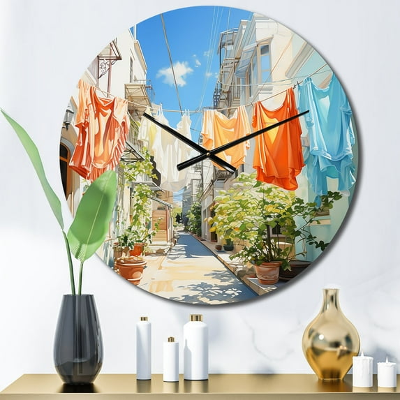 Designart "Laundry Day in Italy V" Bath & Laundry Oversized Wall Clock