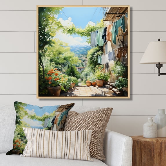 Designart "Laundry Day in the Province I" Bath & Laundry Floater Framed Canvas Wall Art