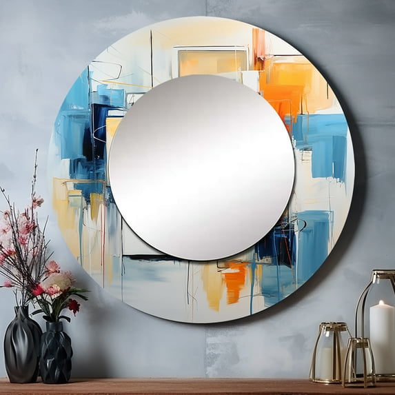Designart "Laundry modern Reflections II" Abstract Collages Rund Mirror For Wall Decor - Large Blue Round Printed Mirror - Modern Round Mirror 29" x 29" Inch