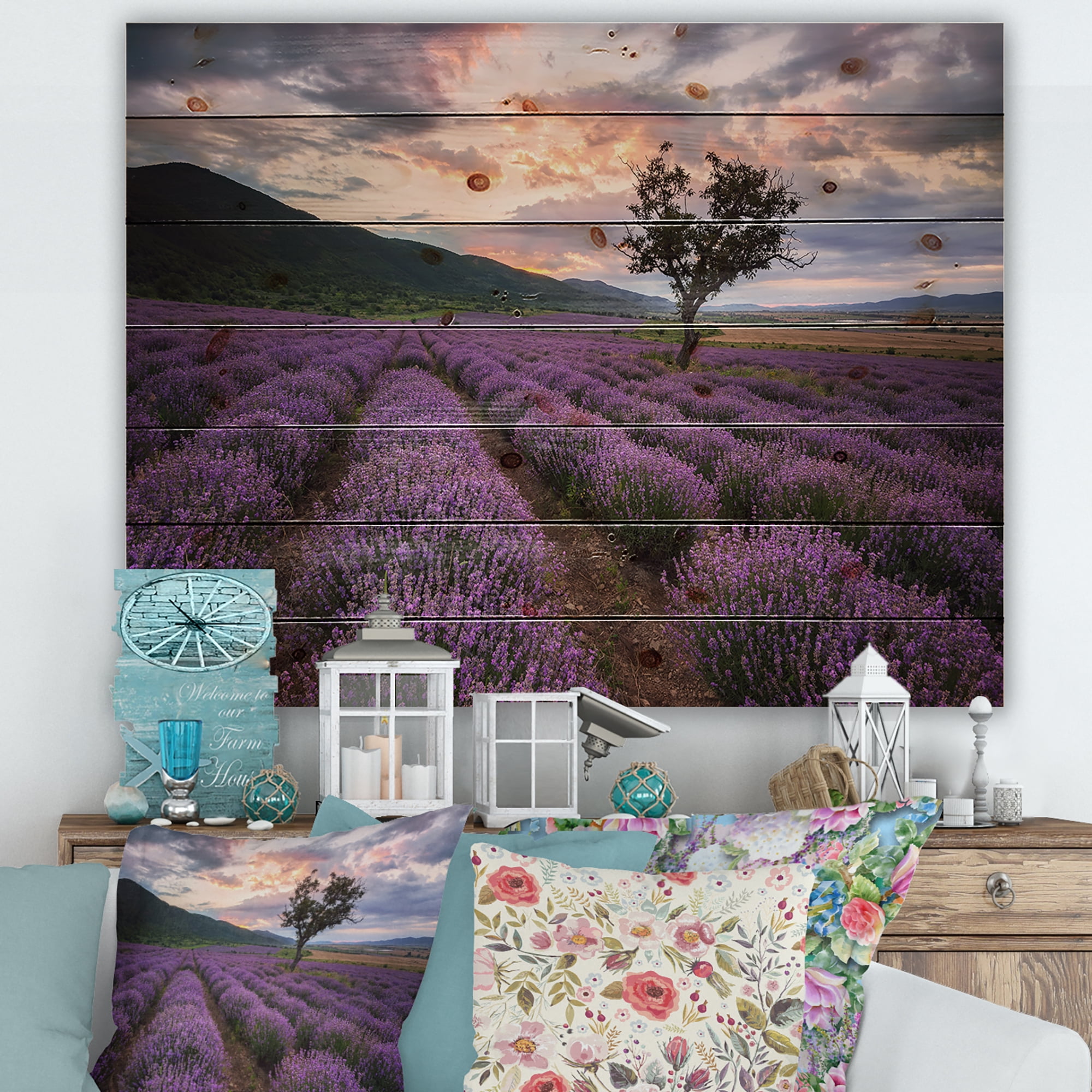 Designart 'Lavender Field At Sunrise III' Farmhouse Print on Natural Pine Wood