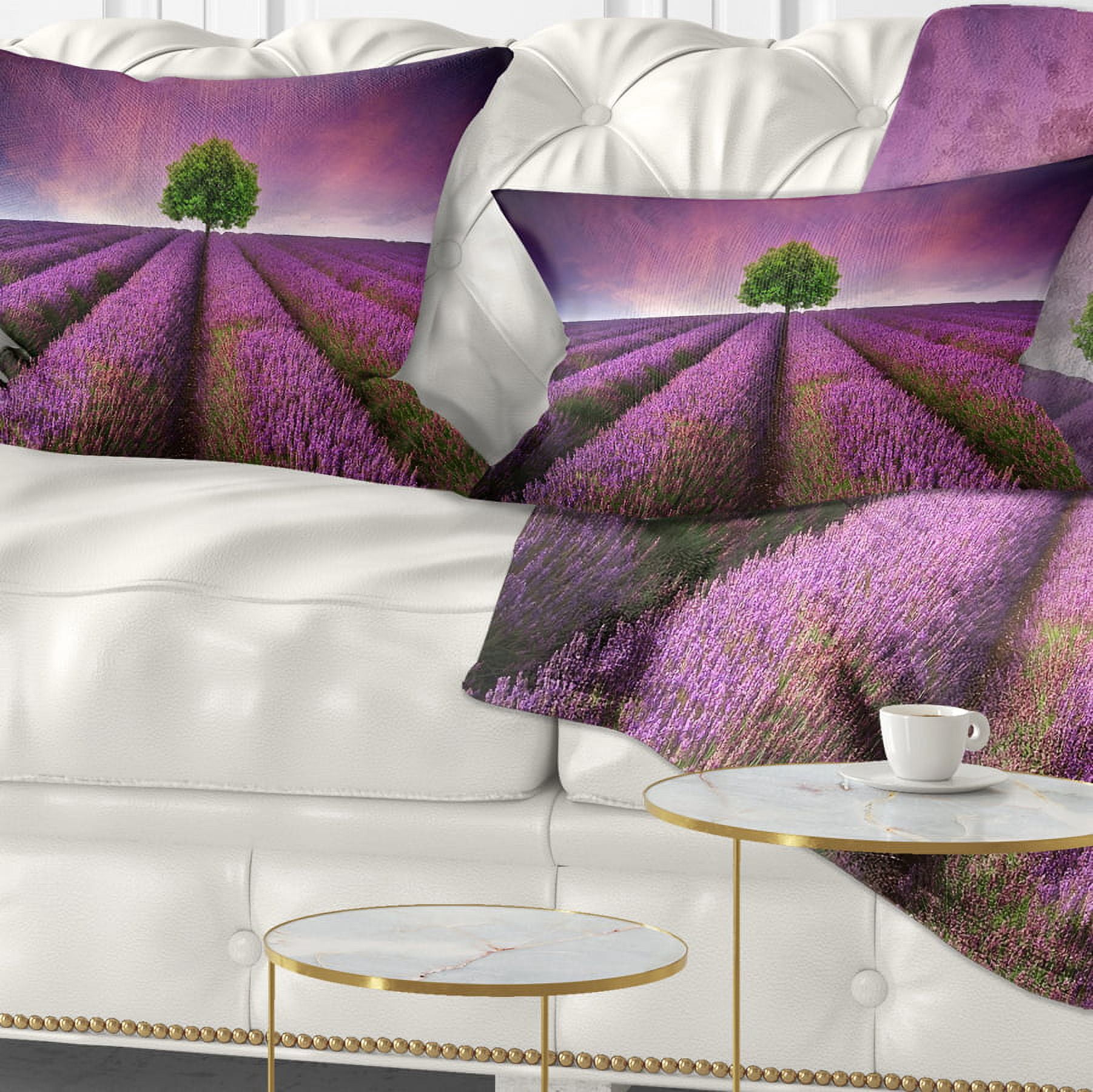 Designart Lavender Field Sunset with Single Tree - Floral Throw Pillow - 12x20
