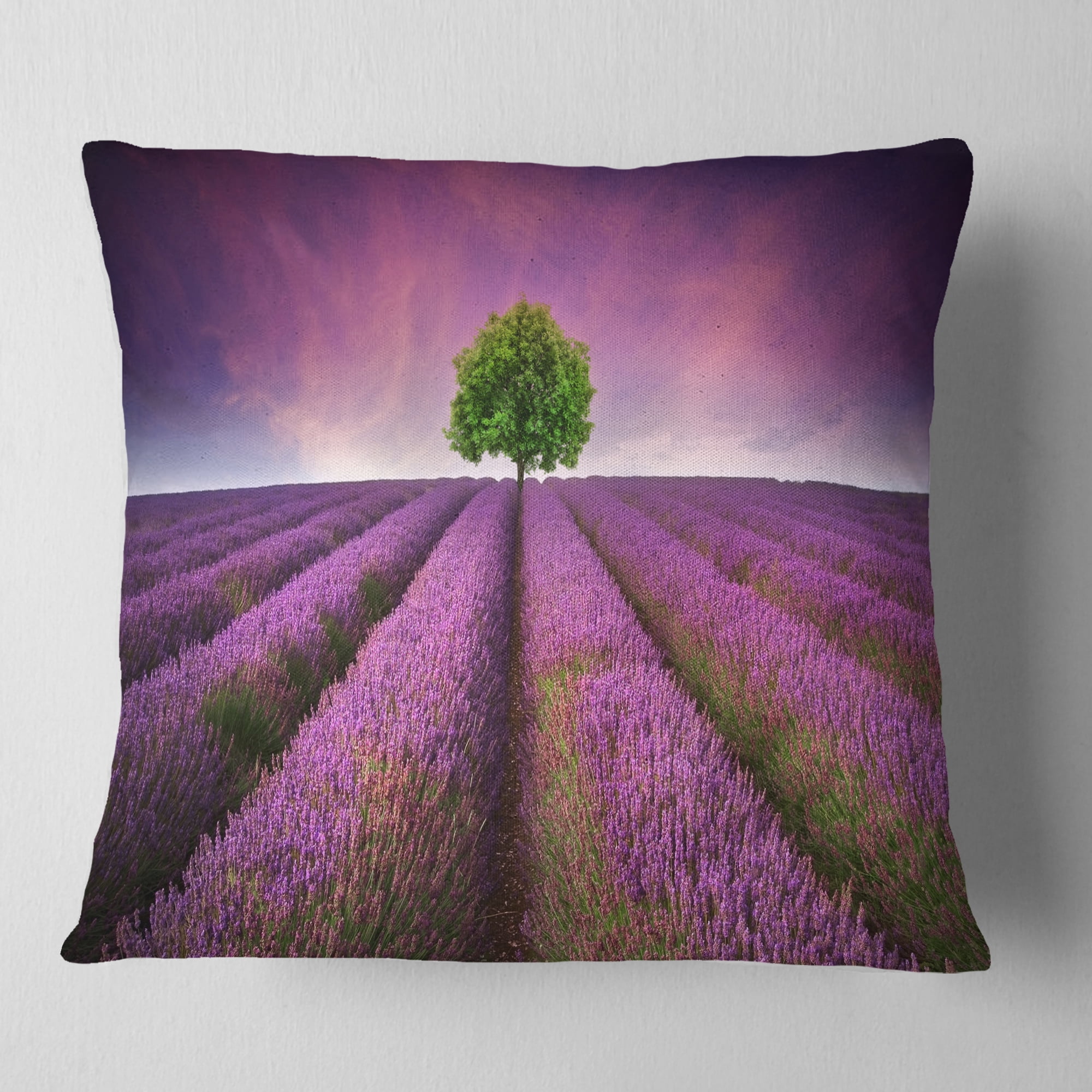 Designart Lavender Field Sunset with Single Tree - Floral Throw Pillow - 18x18